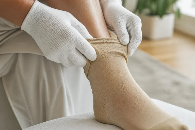 Hands using a donning glove to pull on a compression stocking over the foot