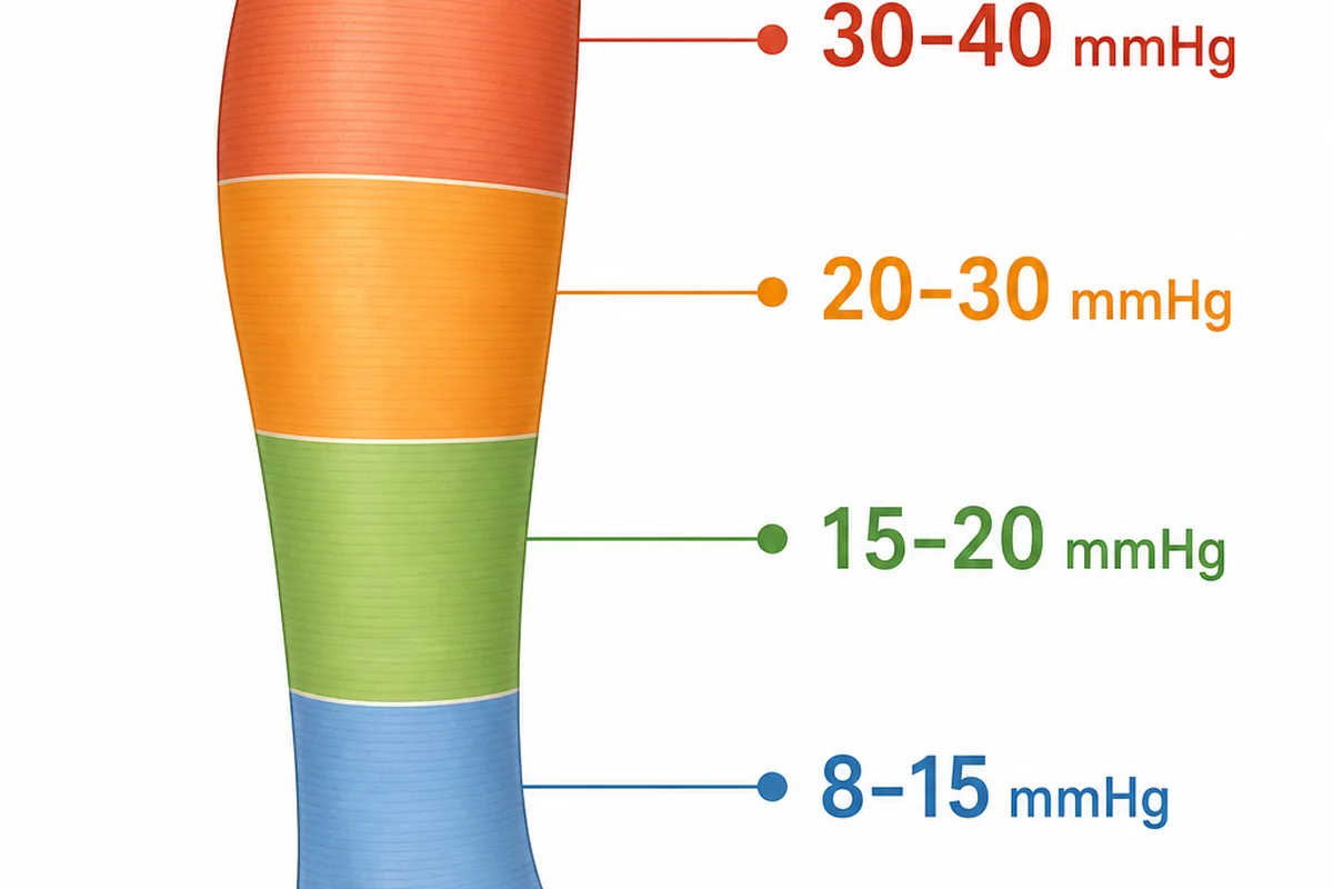 Infographic showing compression levels from 8-15 to 40-50 mmHg and common use cases