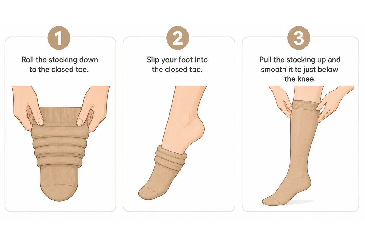 How to put on JOBST ACTIVA Sheer 20-30 mmHg knee-high closed-toe compression stockings in three steps