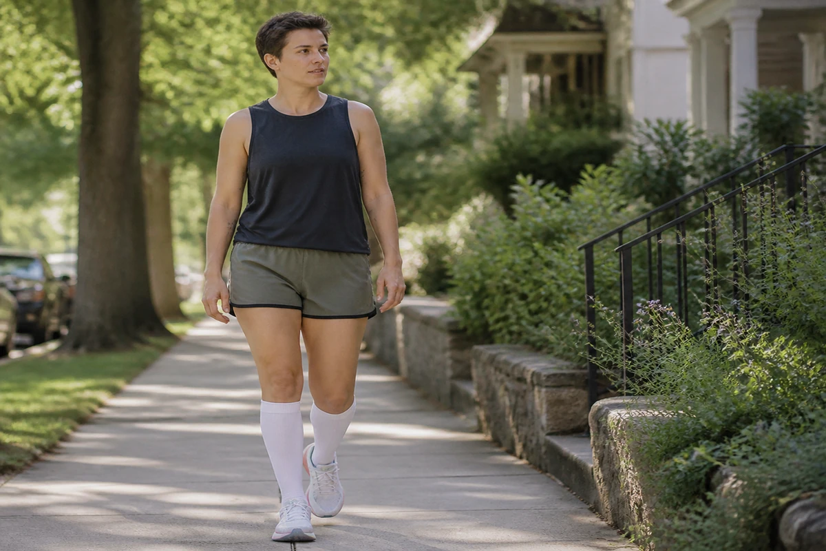 Person wearing white athletic knee-high compression socks while walking outdoors