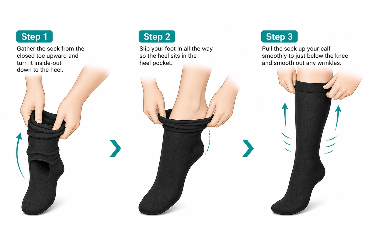 How to put on JOBST ACTIVA Opaque 15-20 mmHg knee-high closed-toe compression socks, three-step diagram