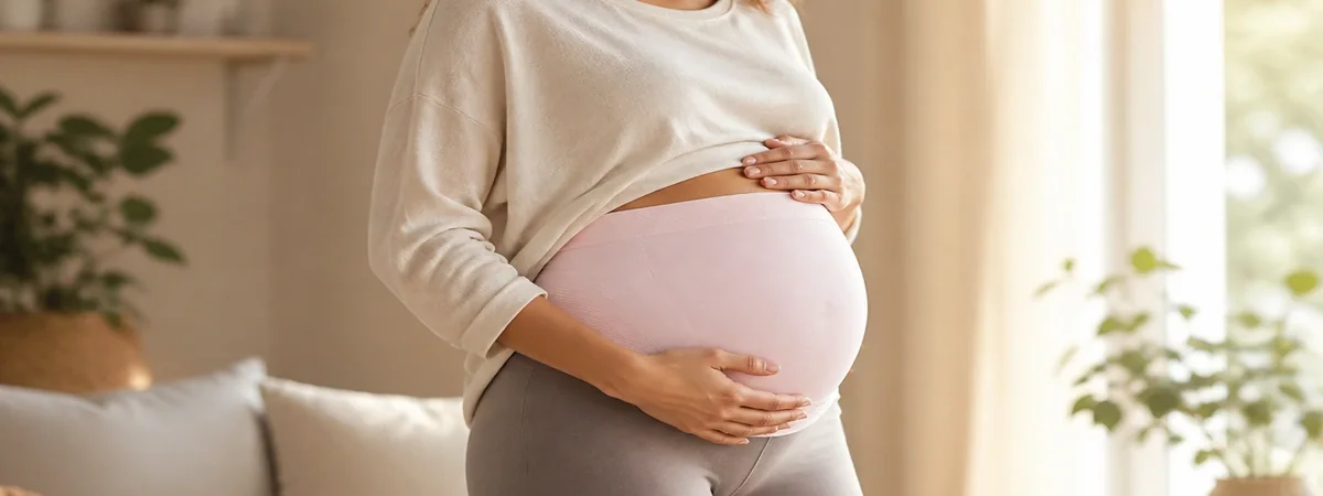 Pregnant woman wearing a light pink JOBST maternity belly band at home