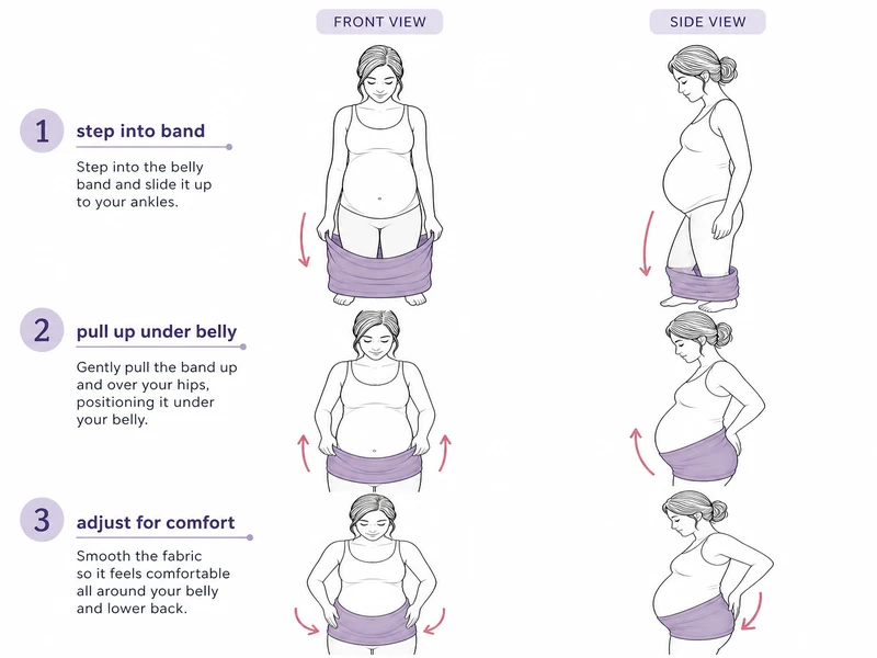 Diagram showing how to wear a JOBST maternity belly band: step into band, pull up under belly, adjust for comfort