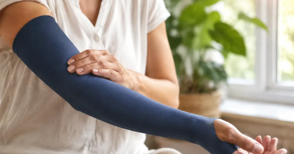 Person wearing a JOBST compression arm sleeve, lifestyle photo