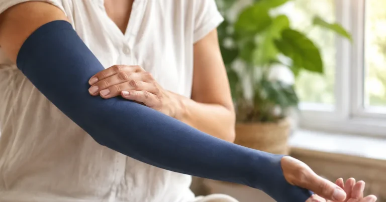 Person wearing a JOBST compression arm sleeve, lifestyle photo