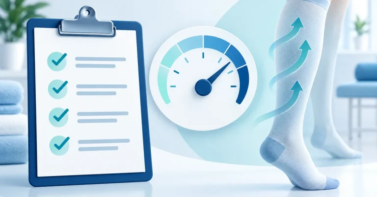 Clipboard with compression stocking, blood pressure gauge, and leg compression illustration — insurance billing guide hero