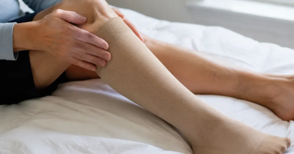 Adult lower leg in a beige knee-high compression stocking resting on a bed during home recovery after leg vein surgery