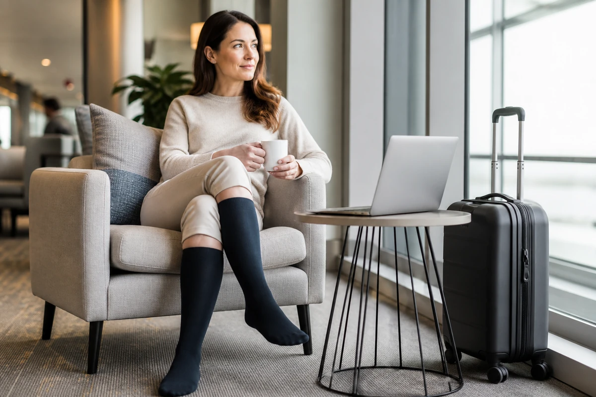 Lifestyle scenes showing compression stockings used during travel, work, and pregnancy