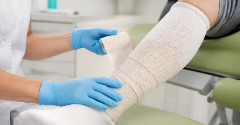 Clinician's gloved hands wrapping a compression bandage over a white medical compression stocking on a patient's lower leg