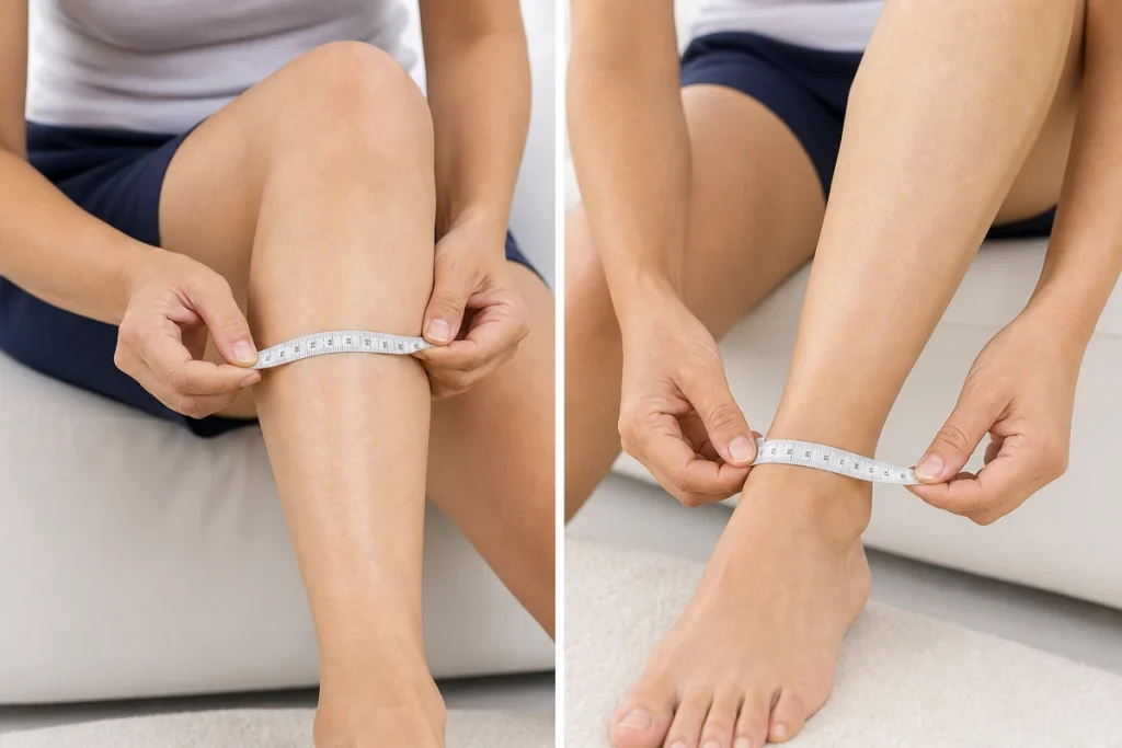 Close-up of a person measuring their calf and ankle with a soft tape for proper compression stocking sizing.