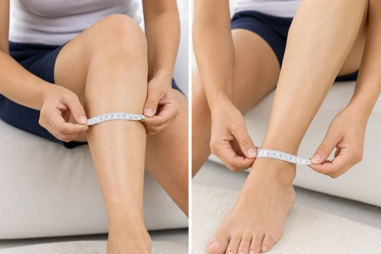 Close-up of a person measuring their calf and ankle with a soft tape for proper compression stocking sizing.