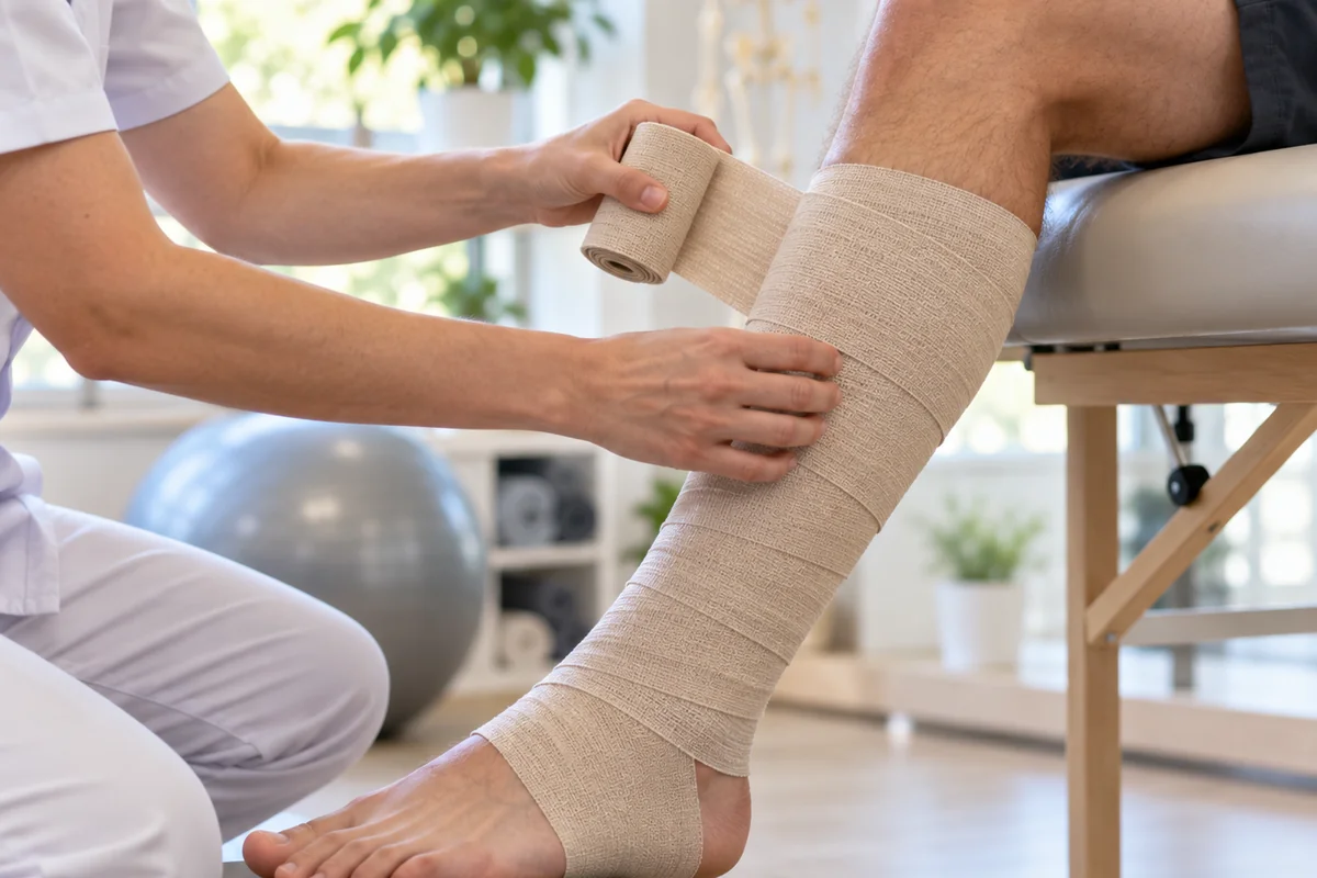 Clinician wrapping a leg with short-stretch compression bandages for lymphedema therapy