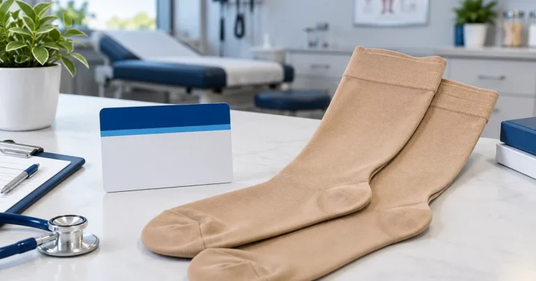 Medicare card beside a pair of beige 30-40 mmHg knee-high compression stockings on a clean desk