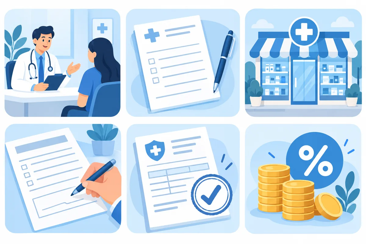 Illustration of the six steps to get Medicare coverage for compression stockings