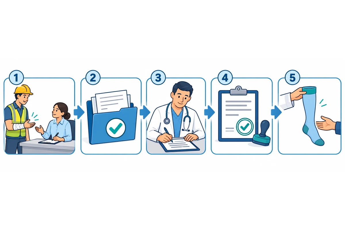 Five-step workers' comp claims process for durable medical equipment approval.