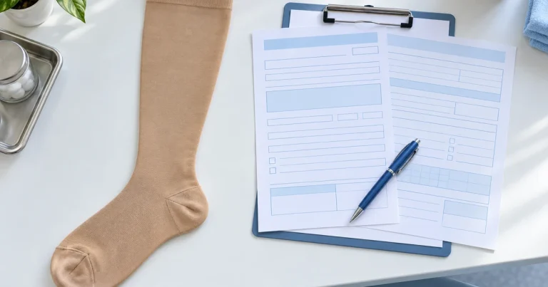 Compression stocking prescribed after a work injury with medical claim paperwork.